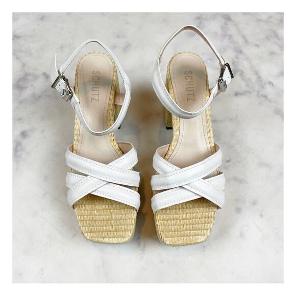 Schutz Stacie White Crisscross Leather Strap Raffia Heel Platform Sandals NWOB - Picture 2 of 10